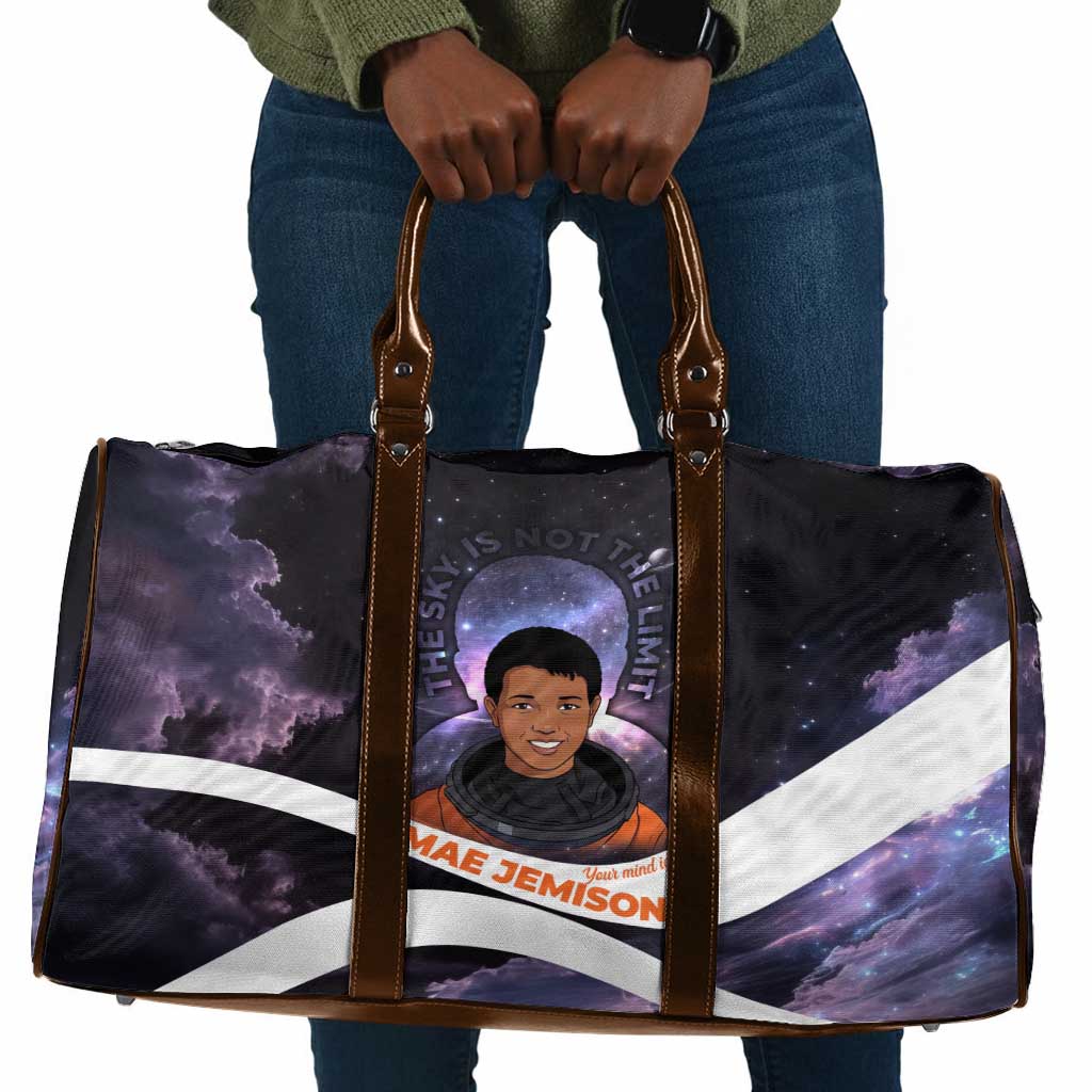 Mae Jemison Travel Bag Cartoon Astronaut Portrait, The Sky Is Not the Limit Quote and Galaxy Dreamer - African Pride