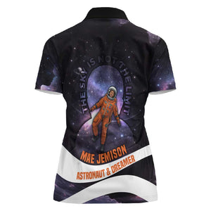 Mae Jemison Women Polo Shirt Cartoon Astronaut Portrait, The Sky Is Not the Limit Quote and Galaxy Dreamer - African Pride