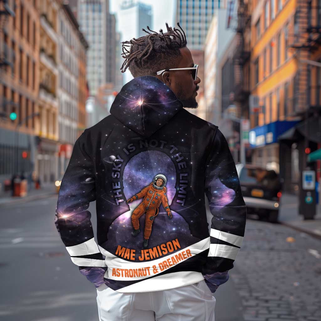 Mae Jemison Zip Hoodie Cartoon Astronaut Portrait, The Sky Is Not the Limit Quote and Galaxy Dreamer - African Pride