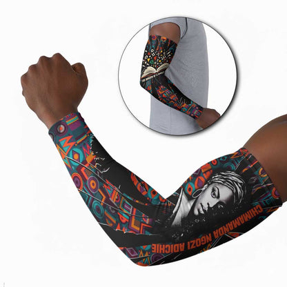 Chimamanda Ngozi Adichie Arm Sleeves with Monochrome Portrait, The Danger of a Single Story Quote - African Pride