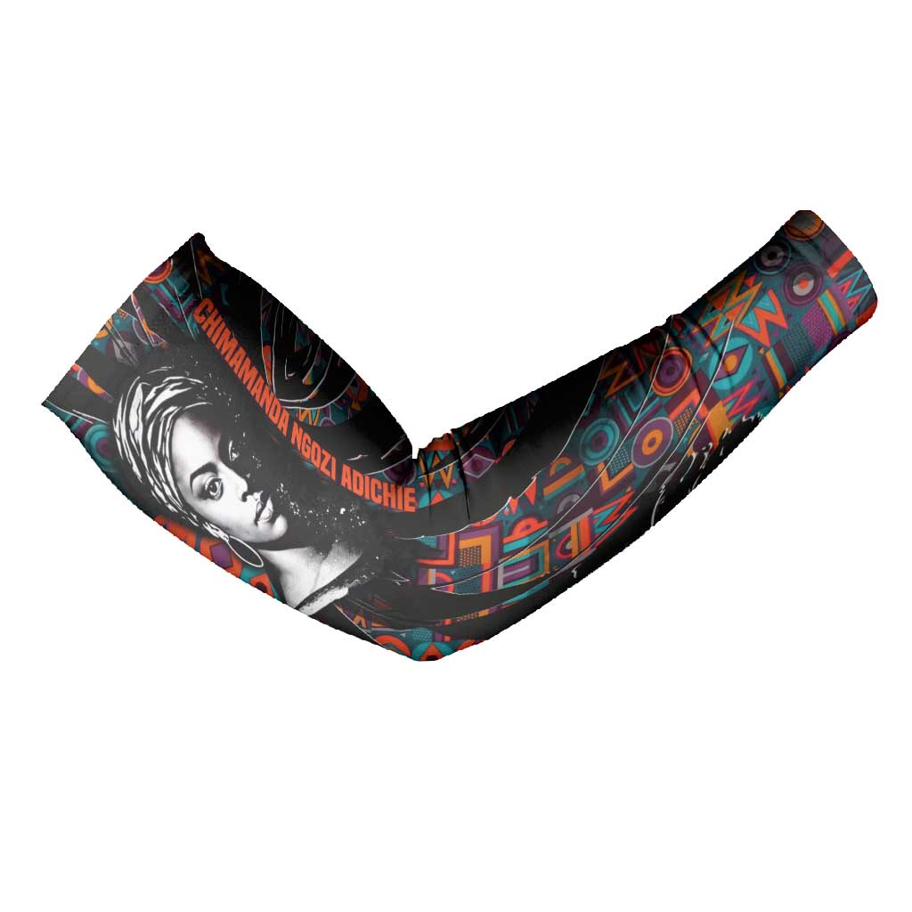 Chimamanda Ngozi Adichie Arm Sleeves with Monochrome Portrait, The Danger of a Single Story Quote - African Pride