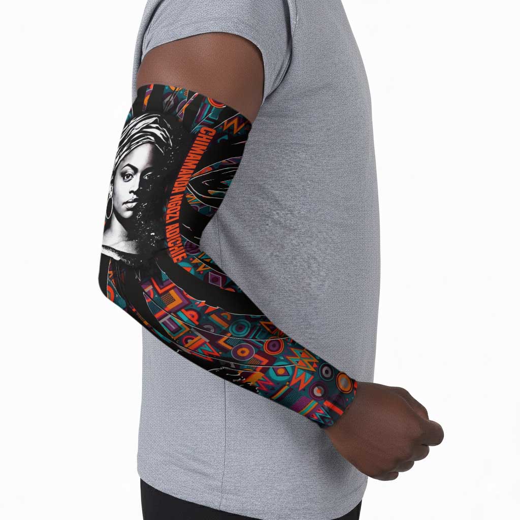 Chimamanda Ngozi Adichie Arm Sleeves with Monochrome Portrait, The Danger of a Single Story Quote - African Pride