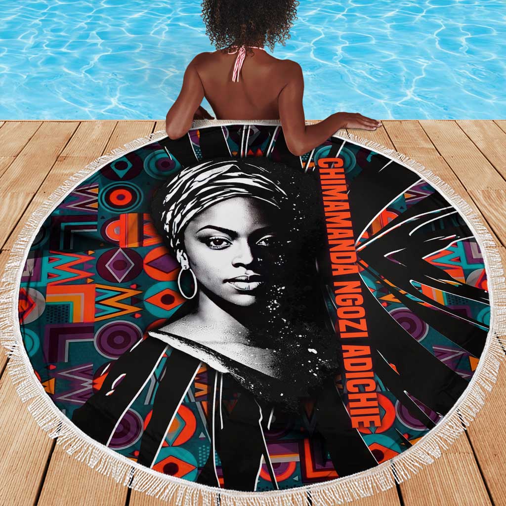 Chimamanda Ngozi Adichie Beach Blanket with Monochrome Portrait, The Danger of a Single Story Quote - African Pride
