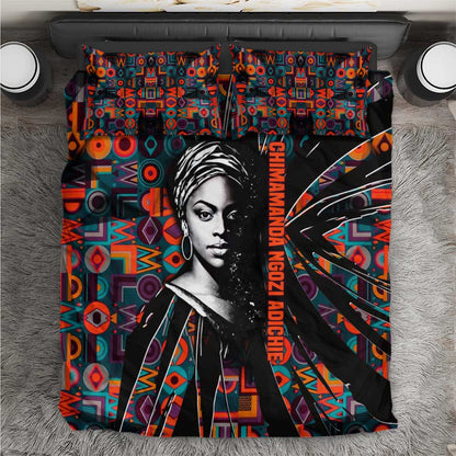 Chimamanda Ngozi Adichie Bedding Set with Monochrome Portrait, The Danger of a Single Story Quote - African Pride