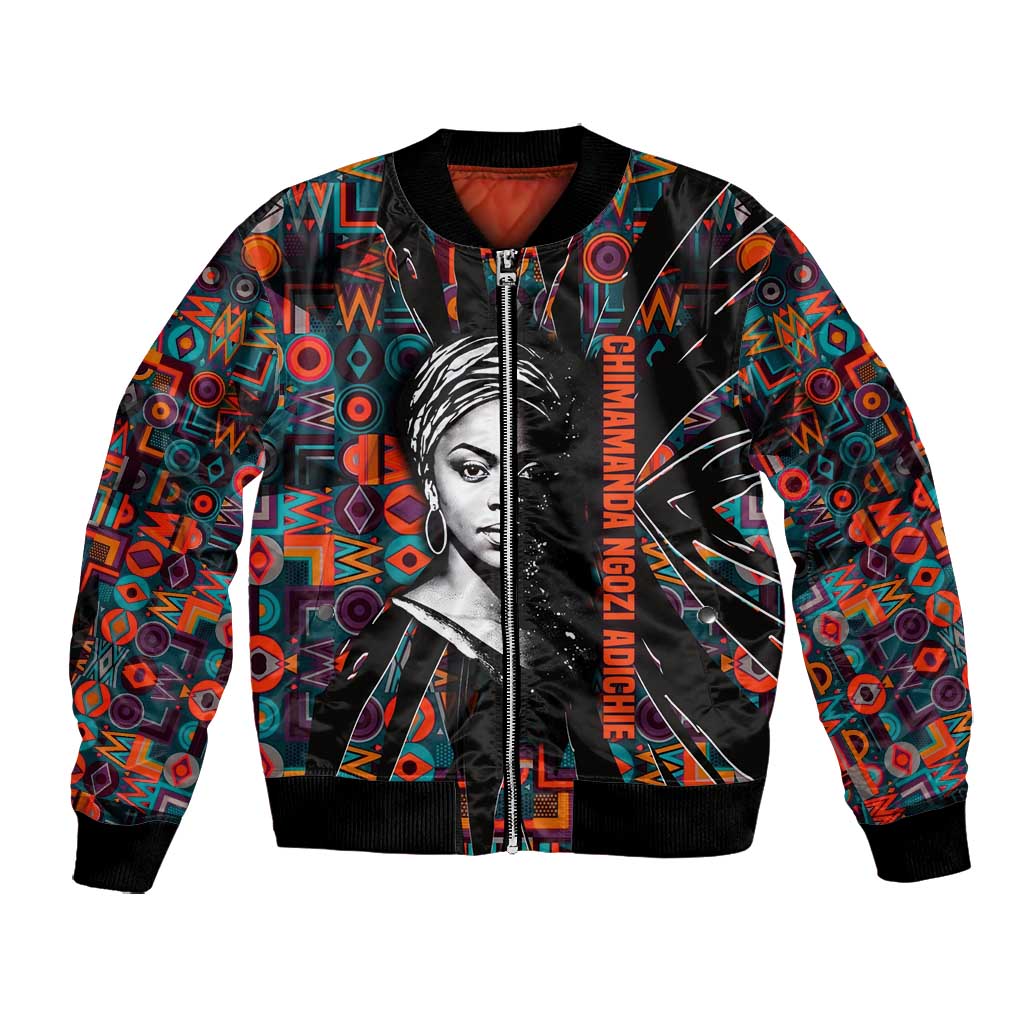 Chimamanda Ngozi Adichie Bomber Jacket with Monochrome Portrait, The Danger of a Single Story Quote - African Pride