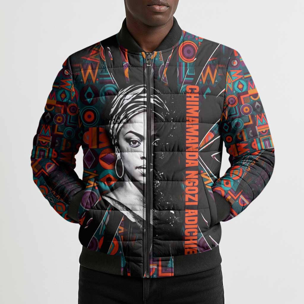 Chimamanda Ngozi Adichie Bomber Puffer Jacket with Monochrome Portrait, The Danger of a Single Story Quote - African Pride