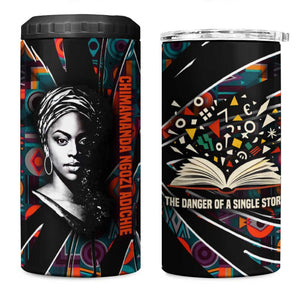 Chimamanda Ngozi Adichie 4 in 1 Can Cooler Tumbler with Monochrome Portrait, The Danger of a Single Story Quote - African Pride