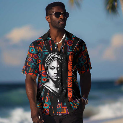 Chimamanda Ngozi Adichie Hawaiian Shirt with Monochrome Portrait, The Danger of a Single Story Quote - African Pride