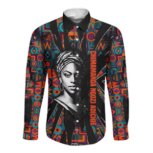 Chimamanda Ngozi Adichie Long Sleeve Button Shirt with Monochrome Portrait, The Danger of a Single Story Quote - African Pride