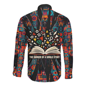 Chimamanda Ngozi Adichie Long Sleeve Button Shirt with Monochrome Portrait, The Danger of a Single Story Quote - African Pride