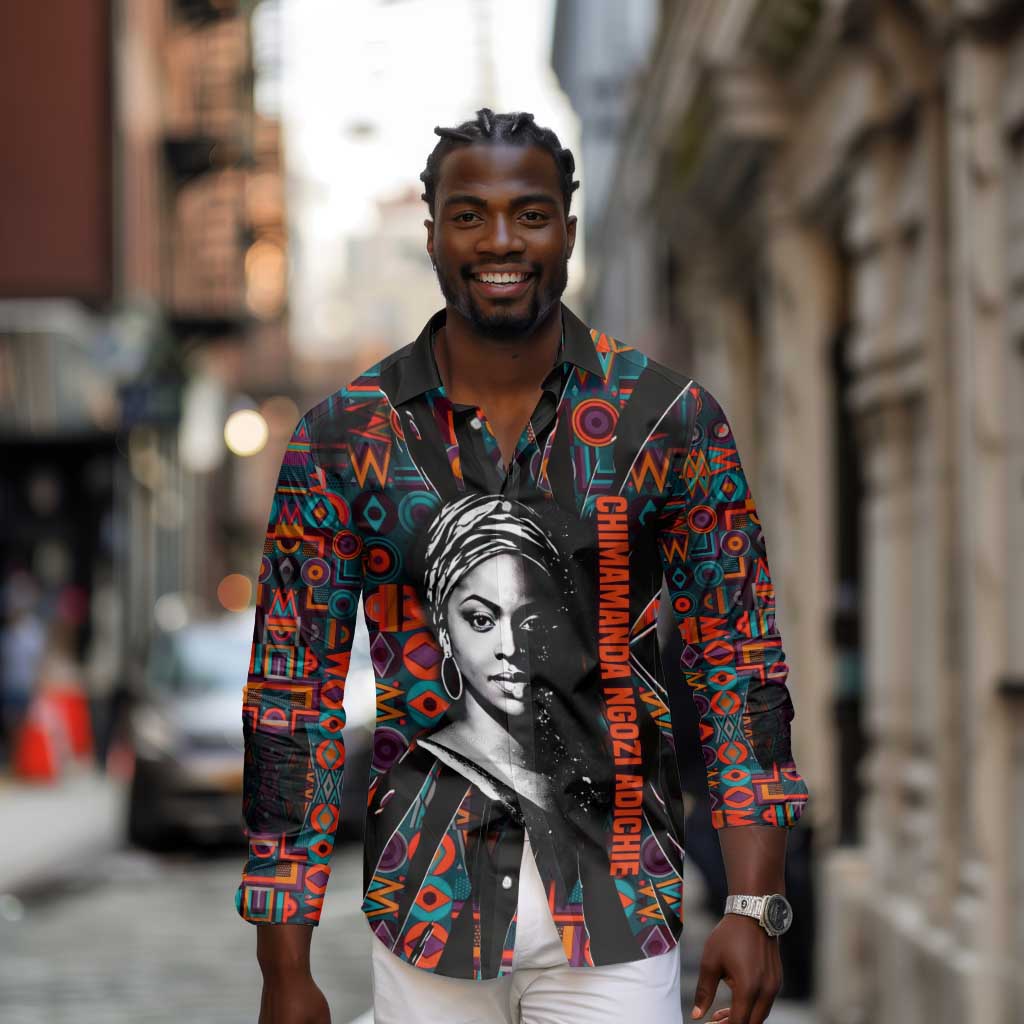 Chimamanda Ngozi Adichie Long Sleeve Button Shirt with Monochrome Portrait, The Danger of a Single Story Quote - African Pride