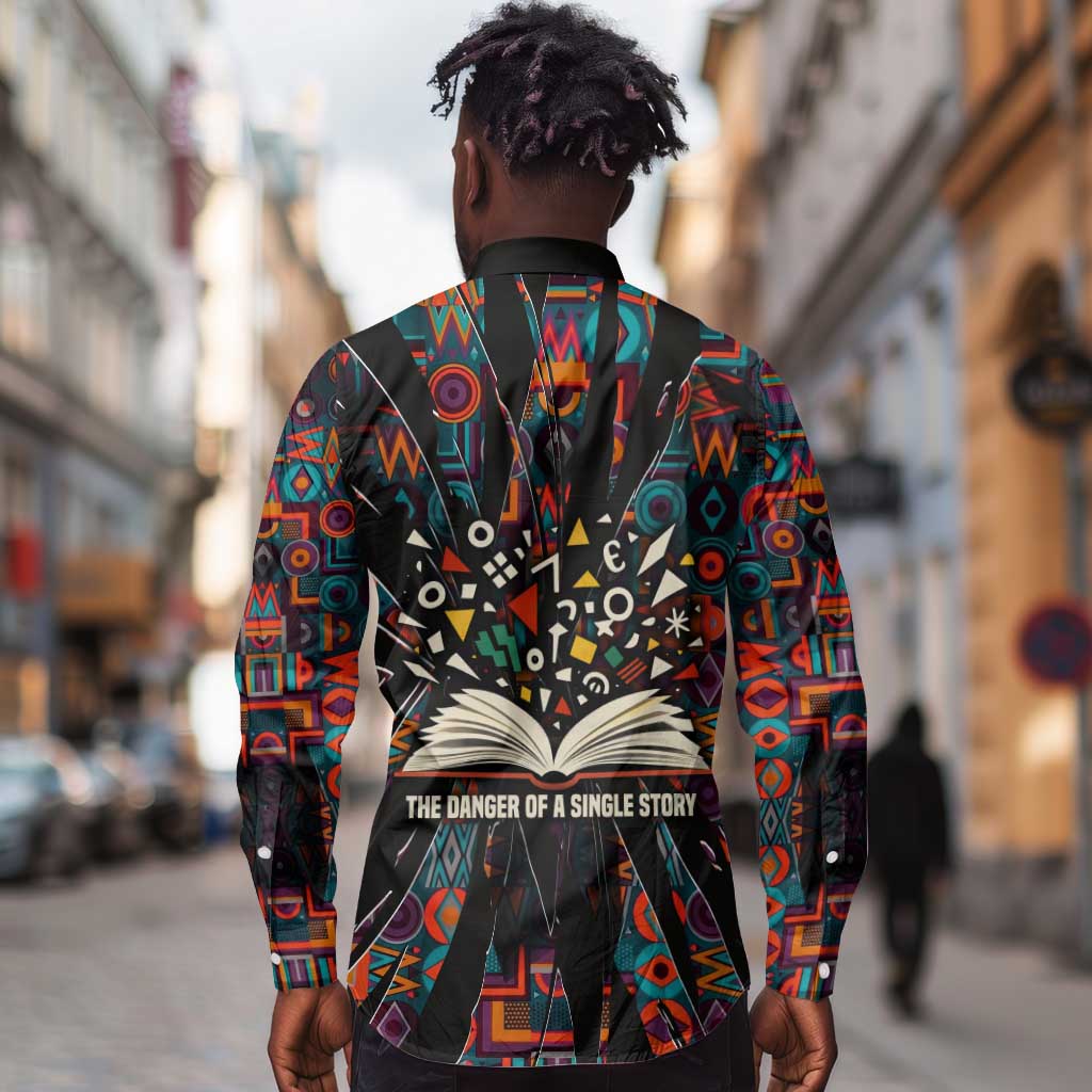 Chimamanda Ngozi Adichie Long Sleeve Button Shirt with Monochrome Portrait, The Danger of a Single Story Quote - African Pride