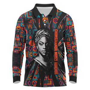 Chimamanda Ngozi Adichie Long Sleeve Polo Shirt with Monochrome Portrait, The Danger of a Single Story Quote - African Pride