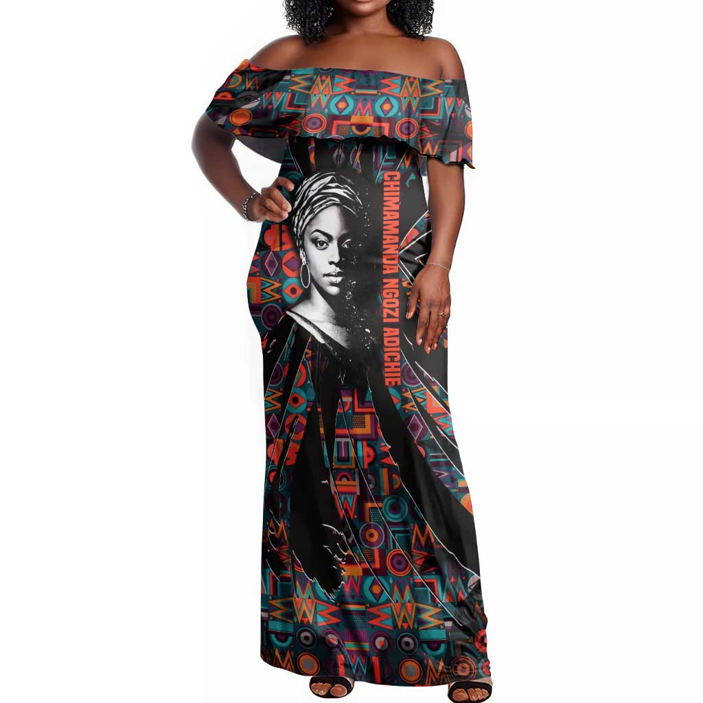 Chimamanda Ngozi Adichie Off Shoulder Maxi Dress with Monochrome Portrait, The Danger of a Single Story Quote - African Pride