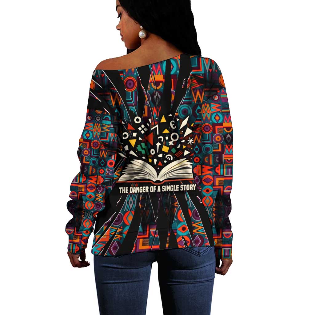 Chimamanda Ngozi Adichie Off Shoulder Sweater with Monochrome Portrait, The Danger of a Single Story Quote - African Pride