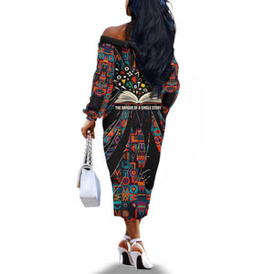 Chimamanda Ngozi Adichie Off The Shoulder Long Sleeve Dress with Monochrome Portrait, The Danger of a Single Story Quote - African Pride