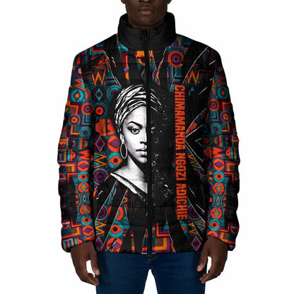 Chimamanda Ngozi Adichie Padded Jacket with Monochrome Portrait, The Danger of a Single Story Quote - African Pride