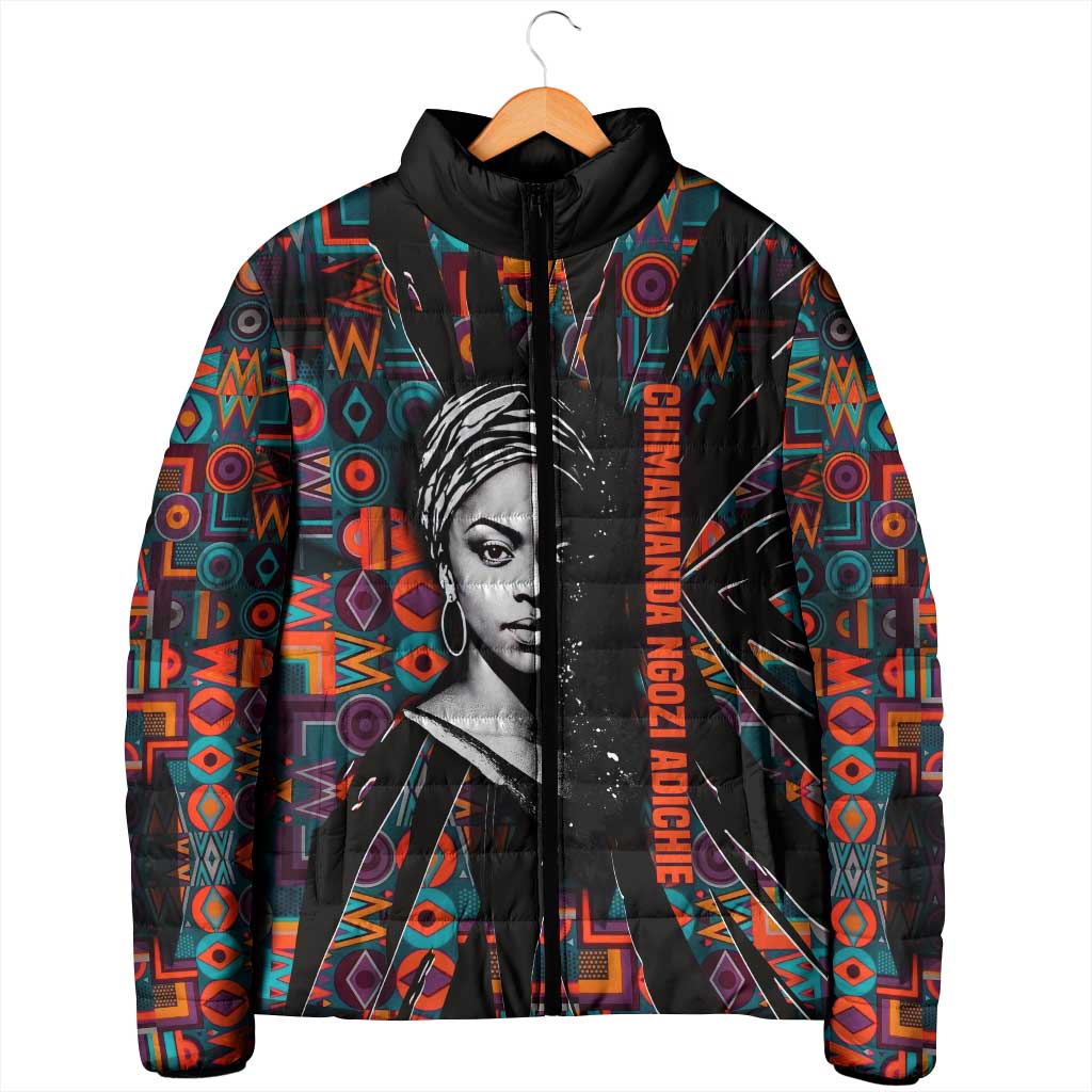 Chimamanda Ngozi Adichie Padded Jacket with Monochrome Portrait, The Danger of a Single Story Quote - African Pride