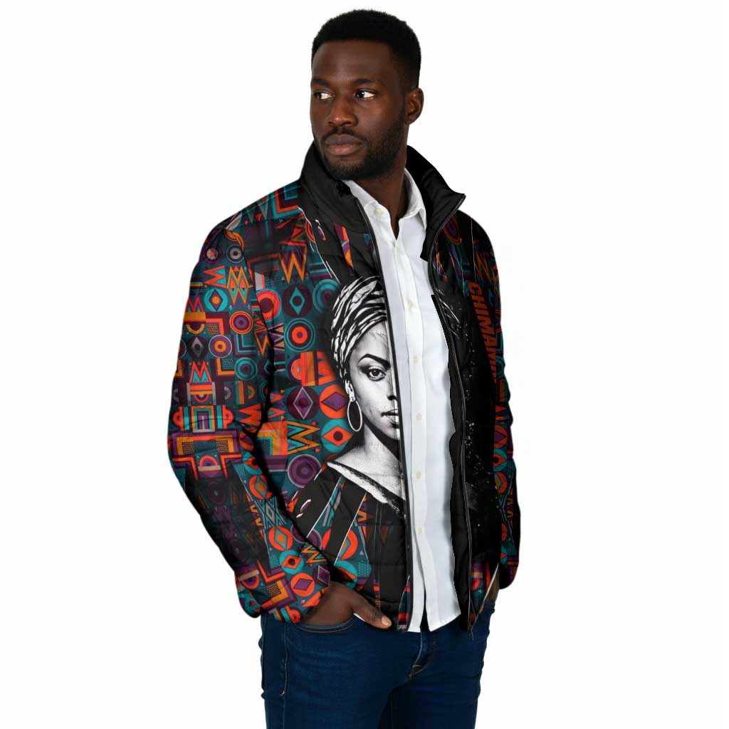 Chimamanda Ngozi Adichie Padded Jacket with Monochrome Portrait, The Danger of a Single Story Quote - African Pride