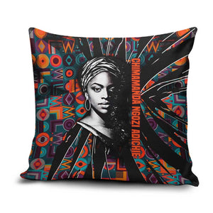 Chimamanda Ngozi Adichie Pillow Cover with Monochrome Portrait, The Danger of a Single Story Quote - African Pride