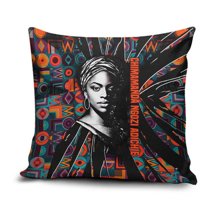 Chimamanda Ngozi Adichie Pillow Cover with Monochrome Portrait, The Danger of a Single Story Quote - African Pride