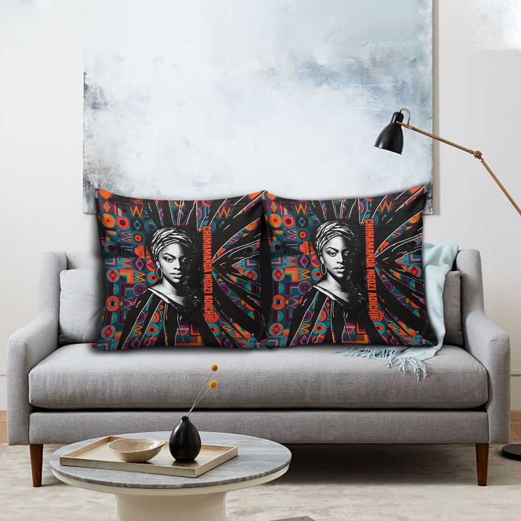Chimamanda Ngozi Adichie Pillow Cover with Monochrome Portrait, The Danger of a Single Story Quote - African Pride