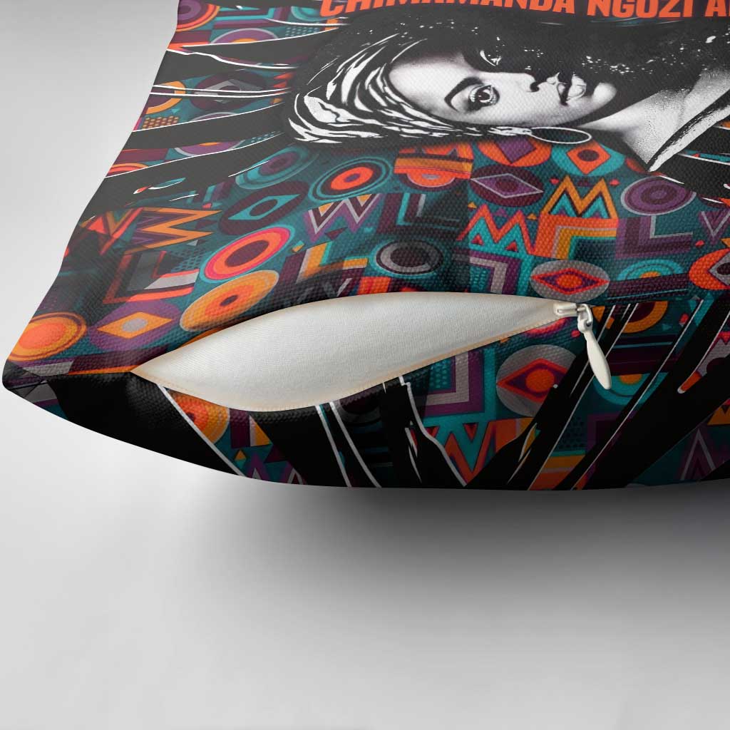 Chimamanda Ngozi Adichie Pillow Cover with Monochrome Portrait, The Danger of a Single Story Quote - African Pride