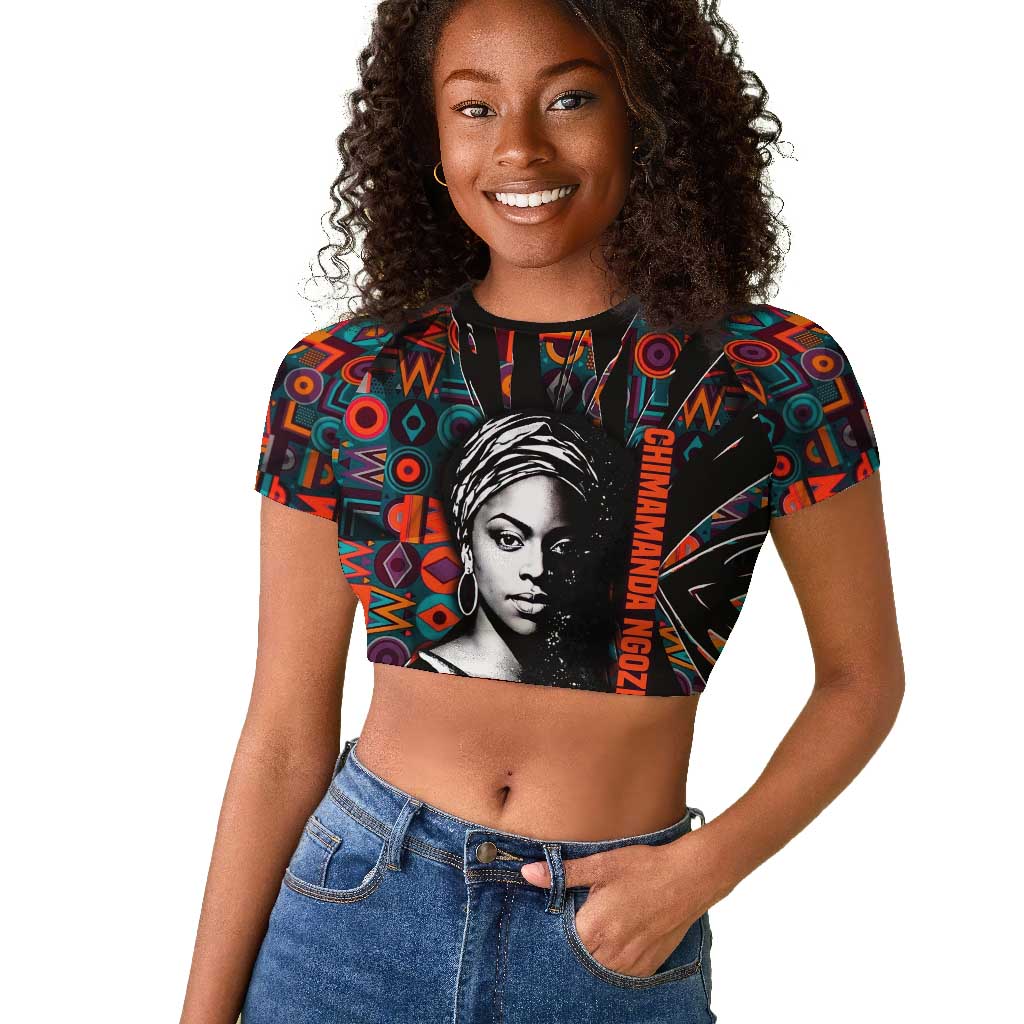 Chimamanda Ngozi Adichie Raglan Cropped T shirt with Monochrome Portrait, The Danger of a Single Story Quote - African Pride
