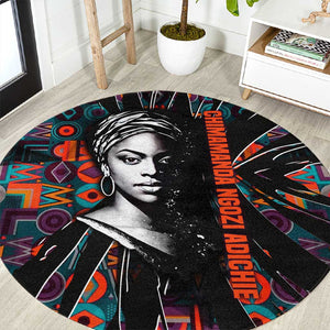 Chimamanda Ngozi Adichie Round Carpet with Monochrome Portrait, The Danger of a Single Story Quote - African Pride