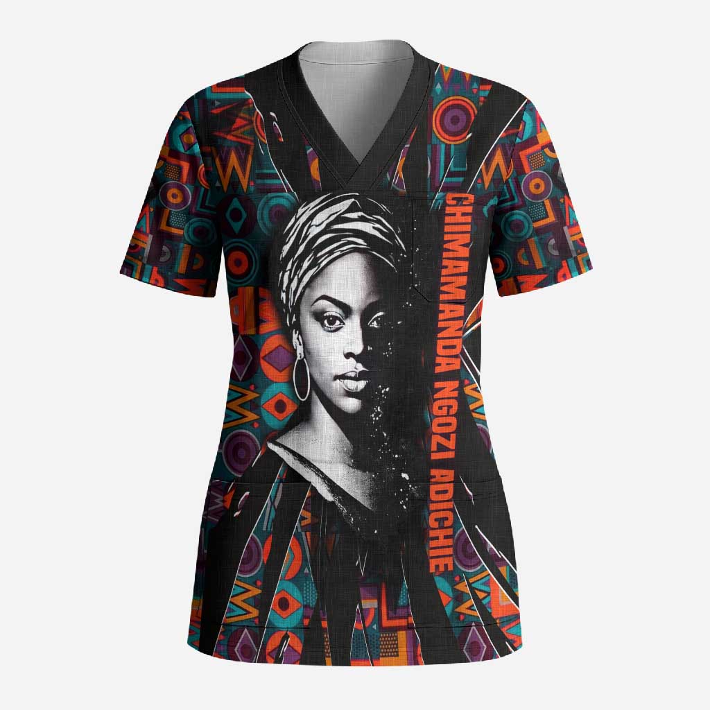 Chimamanda Ngozi Adichie Scrub Top with Monochrome Portrait, The Danger of a Single Story Quote - African Pride
