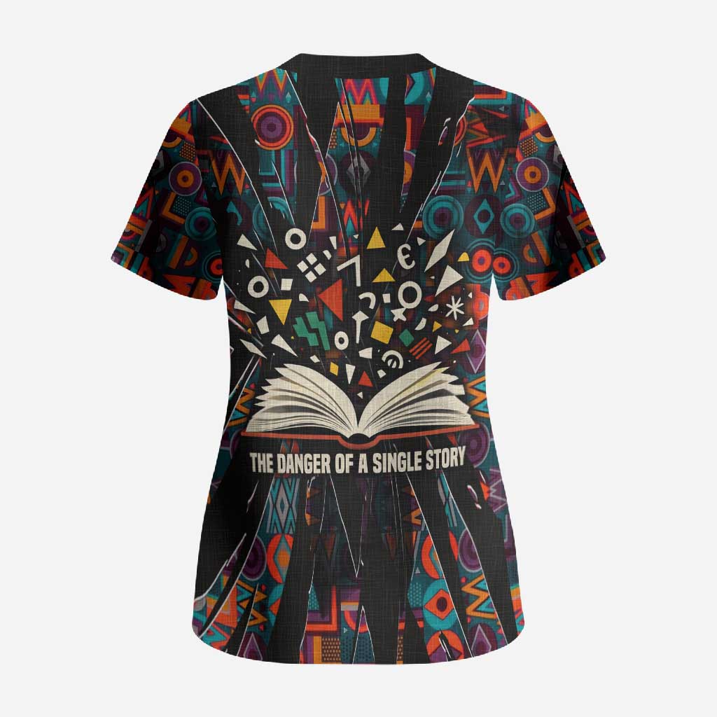 Chimamanda Ngozi Adichie Scrub Top with Monochrome Portrait, The Danger of a Single Story Quote - African Pride