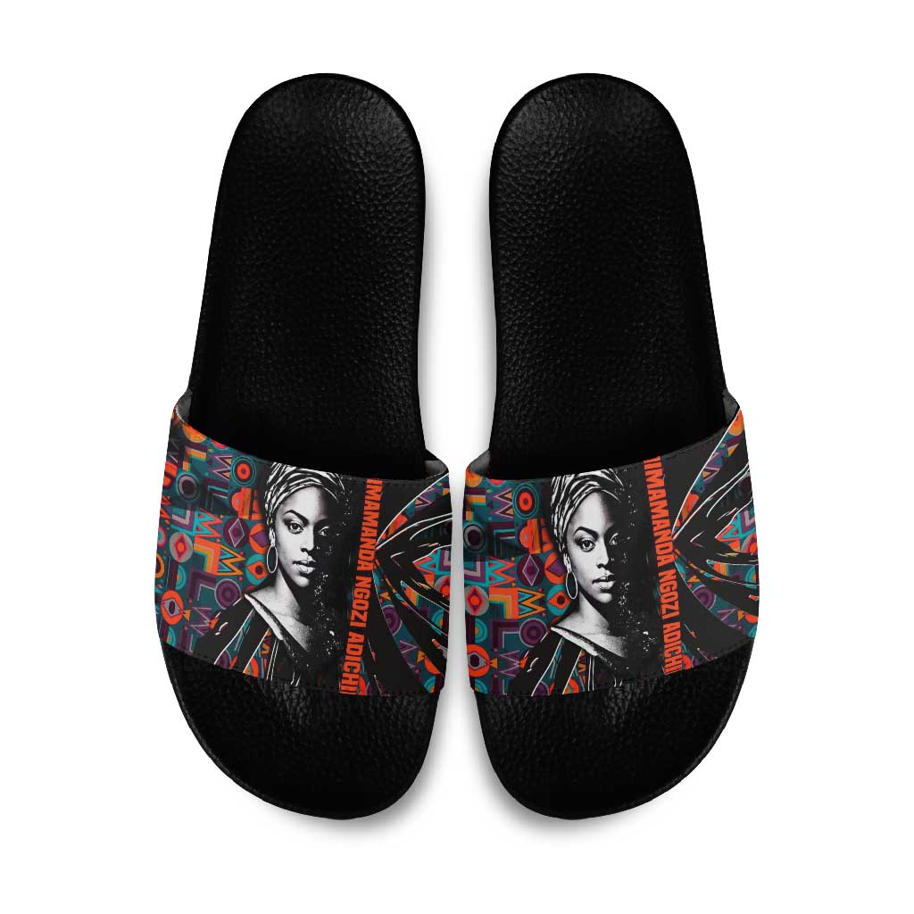 Chimamanda Ngozi Adichie Slide Sandals with Monochrome Portrait, The Danger of a Single Story Quote - African Pride