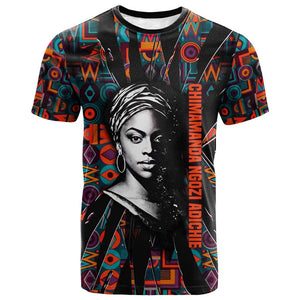 Chimamanda Ngozi Adichie T shirt with Monochrome Portrait, The Danger of a Single Story Quote - African Pride