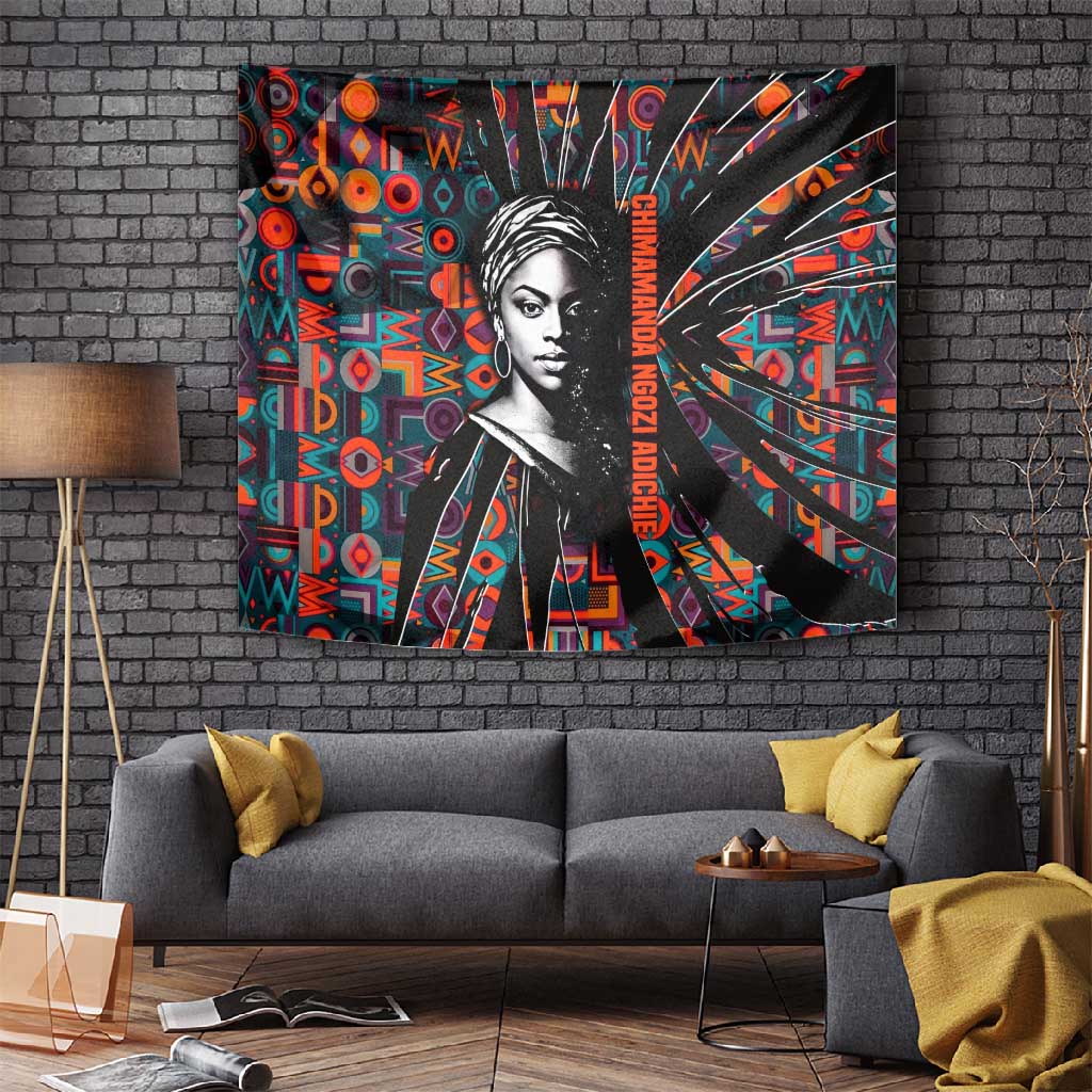Chimamanda Ngozi Adichie Tapestry with Monochrome Portrait, The Danger of a Single Story Quote - African Pride