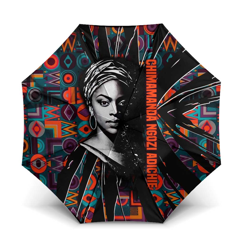 Chimamanda Ngozi Adichie Umbrella with Monochrome Portrait, The Danger of a Single Story Quote - African Pride
