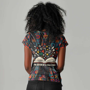 Chimamanda Ngozi Adichie Women V-Neck T-Shirt with Monochrome Portrait, The Danger of a Single Story Quote - African Pride