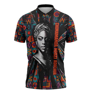 Chimamanda Ngozi Adichie Zipper Polo Shirt with Monochrome Portrait, The Danger of a Single Story Quote - African Pride