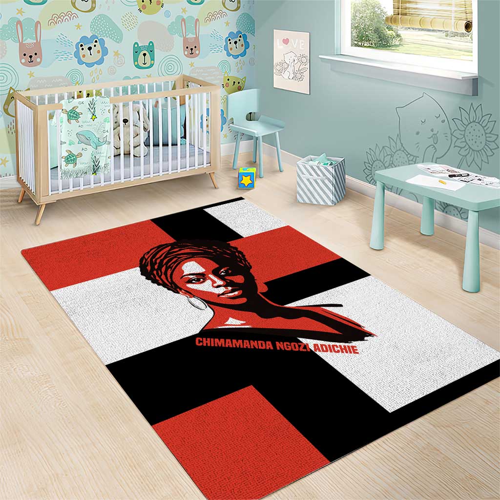 Chimamanda Ngozi Adichie Area Rug with Bold Red Portrait, We Should All Be Feminists Quote - African Pride