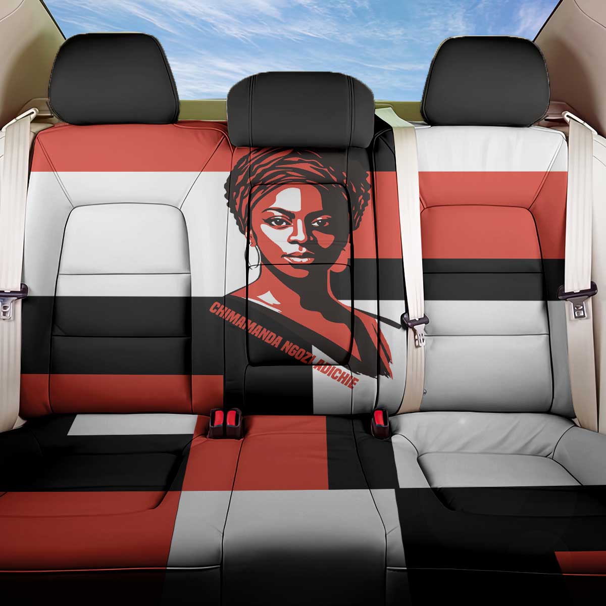 Chimamanda Ngozi Adichie Back Car Seat Cover with Bold Red Portrait, We Should All Be Feminists Quote - African Pride