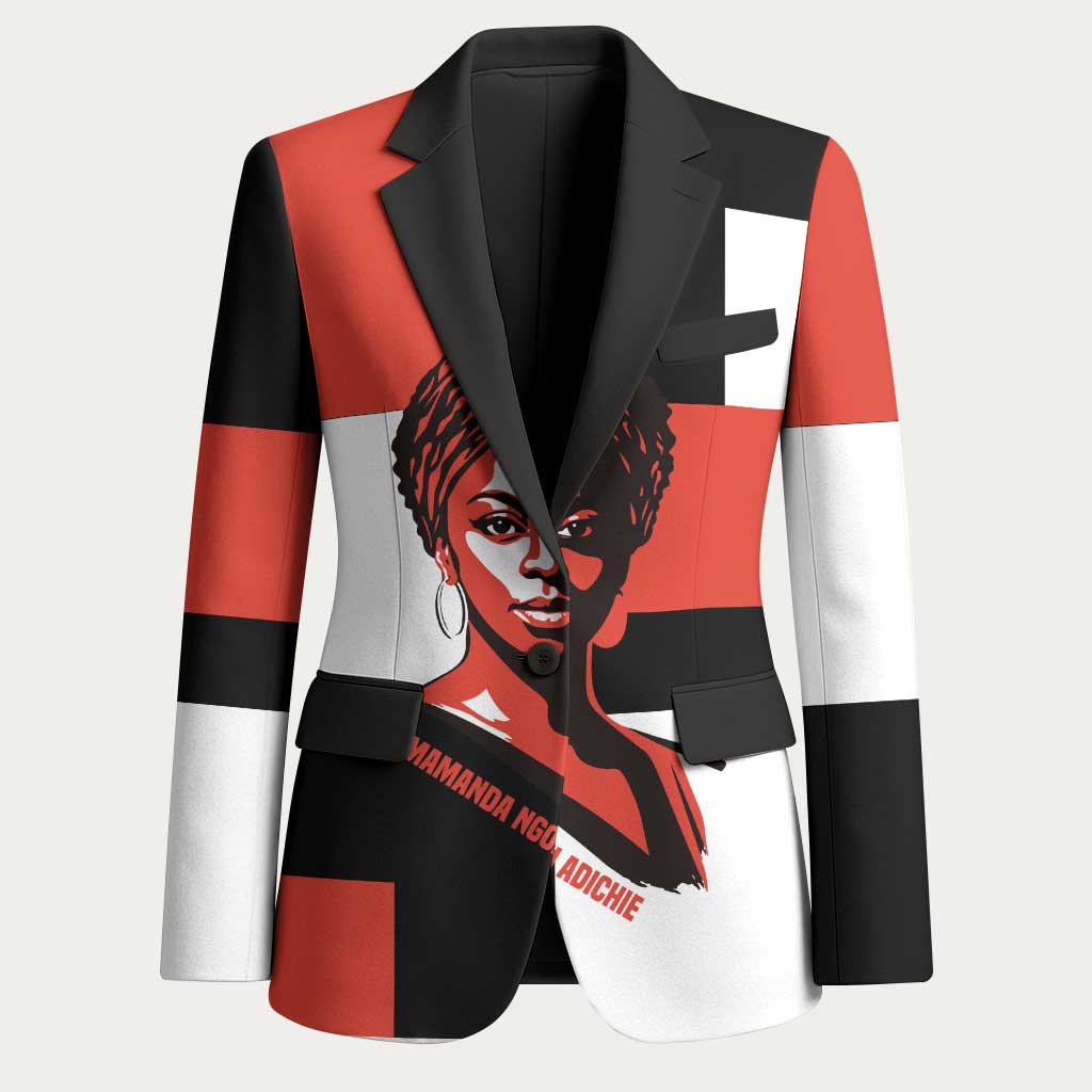 Chimamanda Ngozi Adichie Blazer with Bold Red Portrait, We Should All Be Feminists Quote - African Pride