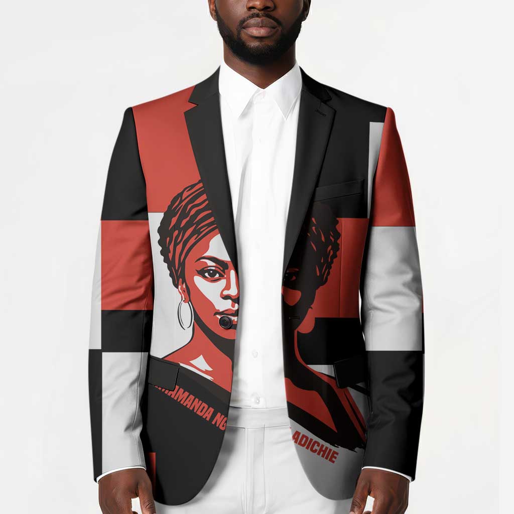 Chimamanda Ngozi Adichie Blazer with Bold Red Portrait, We Should All Be Feminists Quote - African Pride