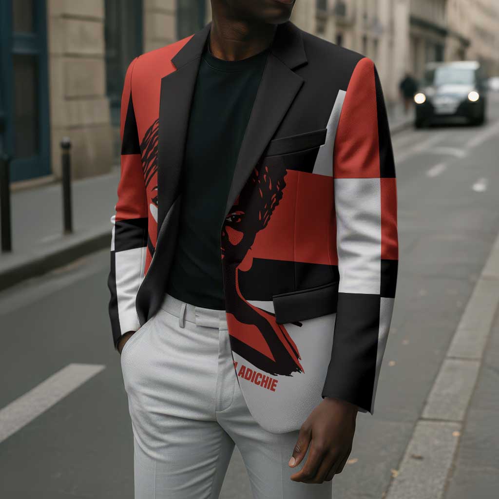 Chimamanda Ngozi Adichie Blazer with Bold Red Portrait, We Should All Be Feminists Quote - African Pride