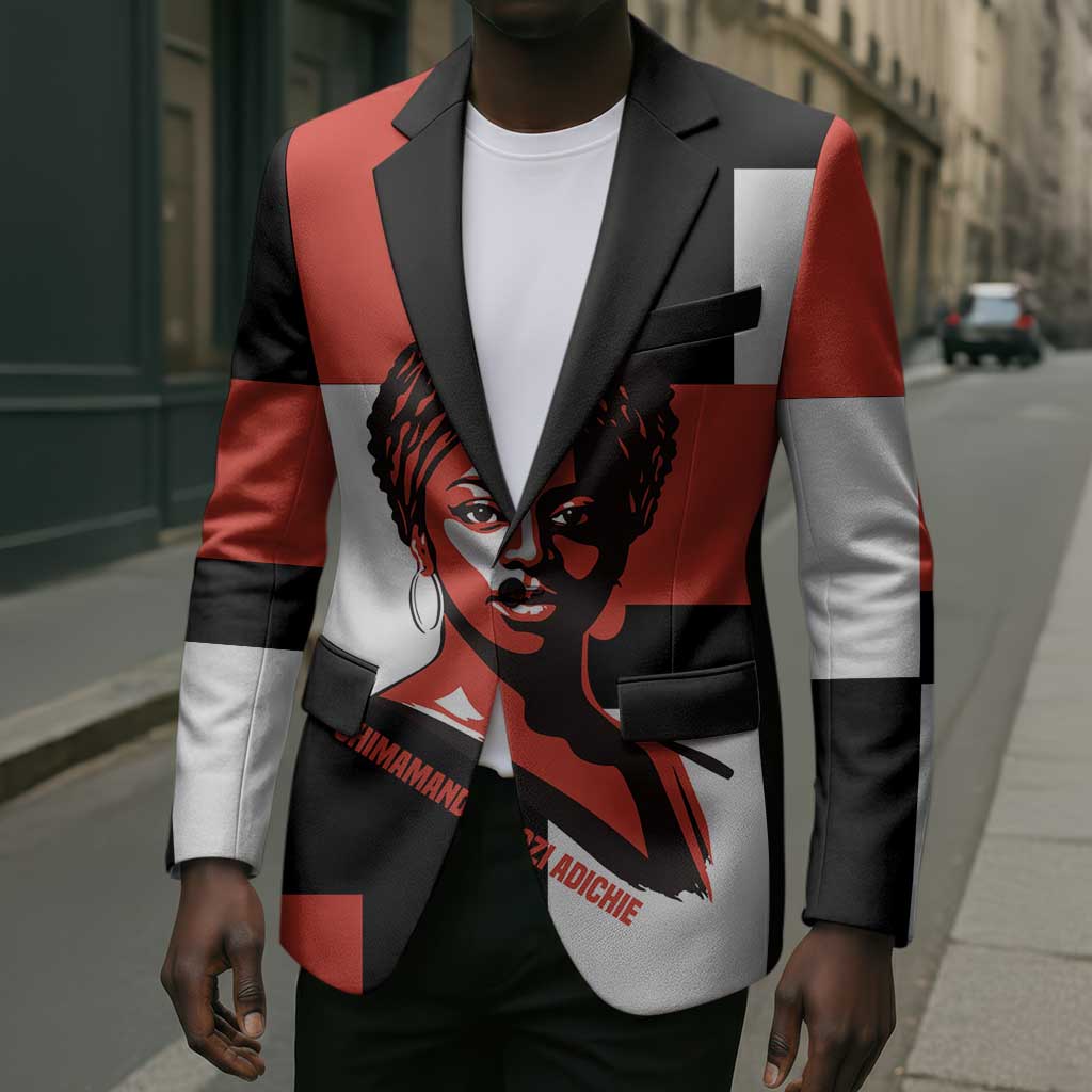 Chimamanda Ngozi Adichie Blazer with Bold Red Portrait, We Should All Be Feminists Quote - African Pride