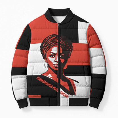 Chimamanda Ngozi Adichie Bomber Puffer Jacket with Bold Red Portrait, We Should All Be Feminists Quote - African Pride