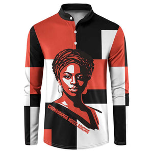 Chimamanda Ngozi Adichie Button Sweatshirt with Bold Red Portrait, We Should All Be Feminists Quote