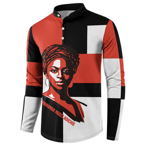 Chimamanda Ngozi Adichie Button Sweatshirt with Bold Red Portrait, We Should All Be Feminists Quote