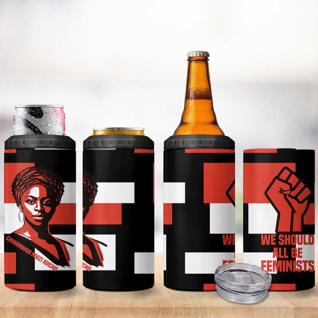 Chimamanda Ngozi Adichie 4 in 1 Can Cooler Tumbler with Bold Red Portrait, We Should All Be Feminists Quote - African Pride
