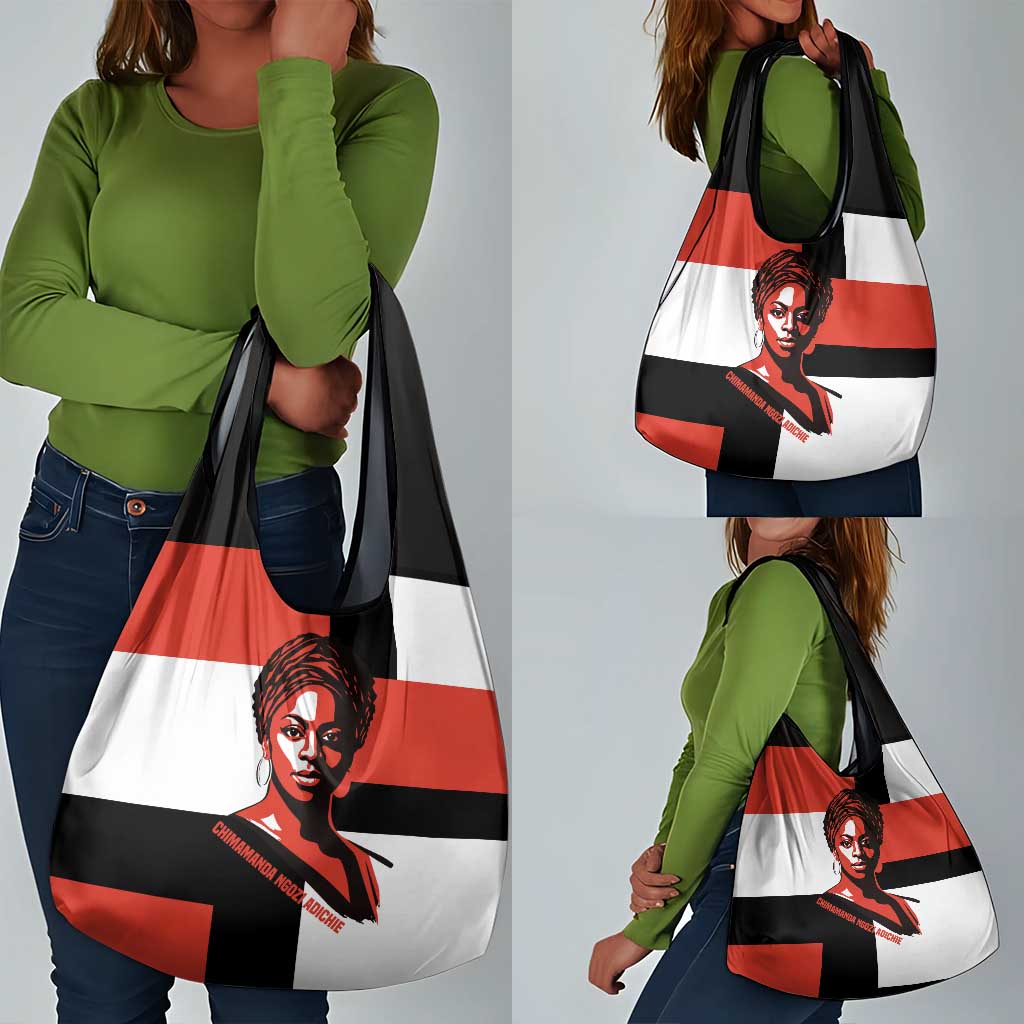 Chimamanda Ngozi Adichie Grocery Bag with Bold Red Portrait, We Should All Be Feminists Quote - African Pride