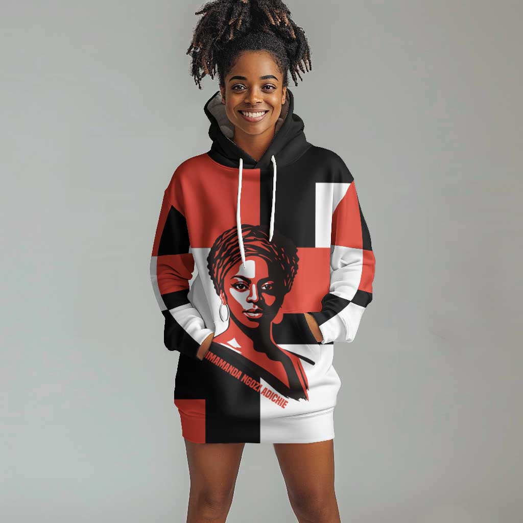 Chimamanda Ngozi Adichie Hoodie Dress with Bold Red Portrait, We Should All Be Feminists Quote - African Pride