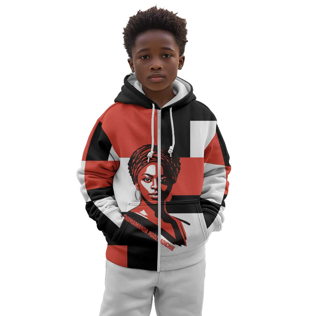 Chimamanda Ngozi Adichie Kid Hoodie with Bold Red Portrait, We Should All Be Feminists Quote - African Pride